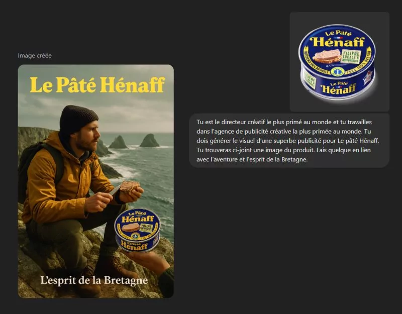 Prompt et résultat visuel d'une publicité pour le pâté Hénaff