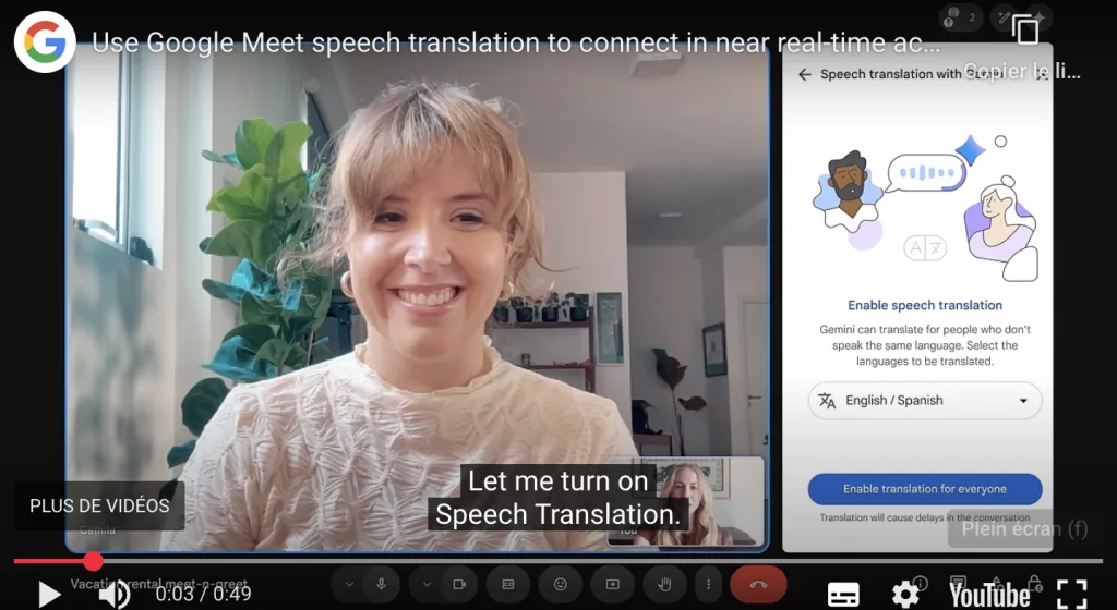 Traduction simultanée dans Google Meets