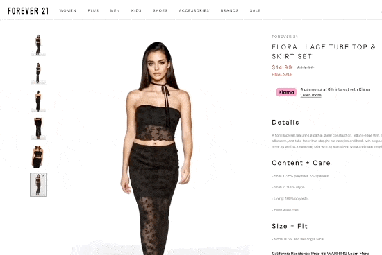 Vidéos produits générés par IA sur le site de Forever21