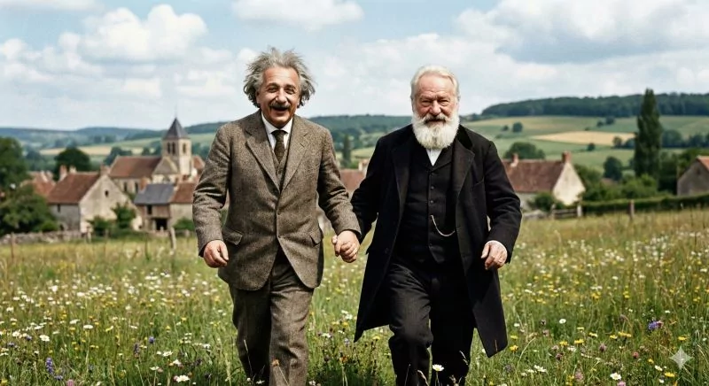 Photo avec Einstein et Hugo