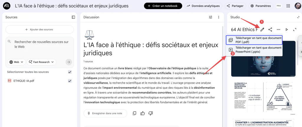 Outil crayon et export pptx natif de Notebooklm