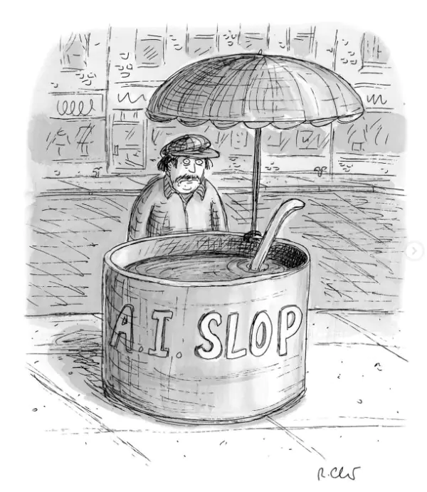 dessin d’un homme sous parapluie dans un bidon marqué AI slop