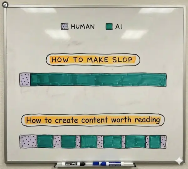 schéma sur tableau blanc comparant contenu IA et contenu avec de l'humain