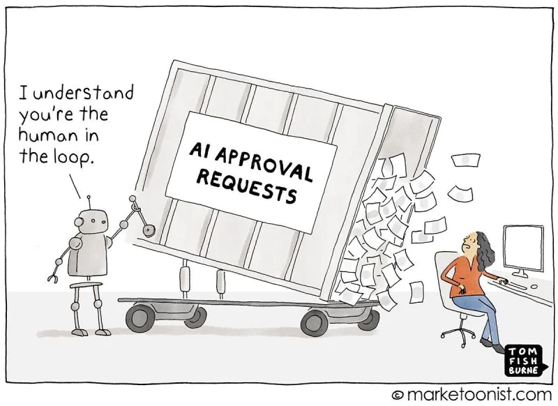 dessin humoristique montrant un robot submergeant une employée sous un flot de demandes de validation IA