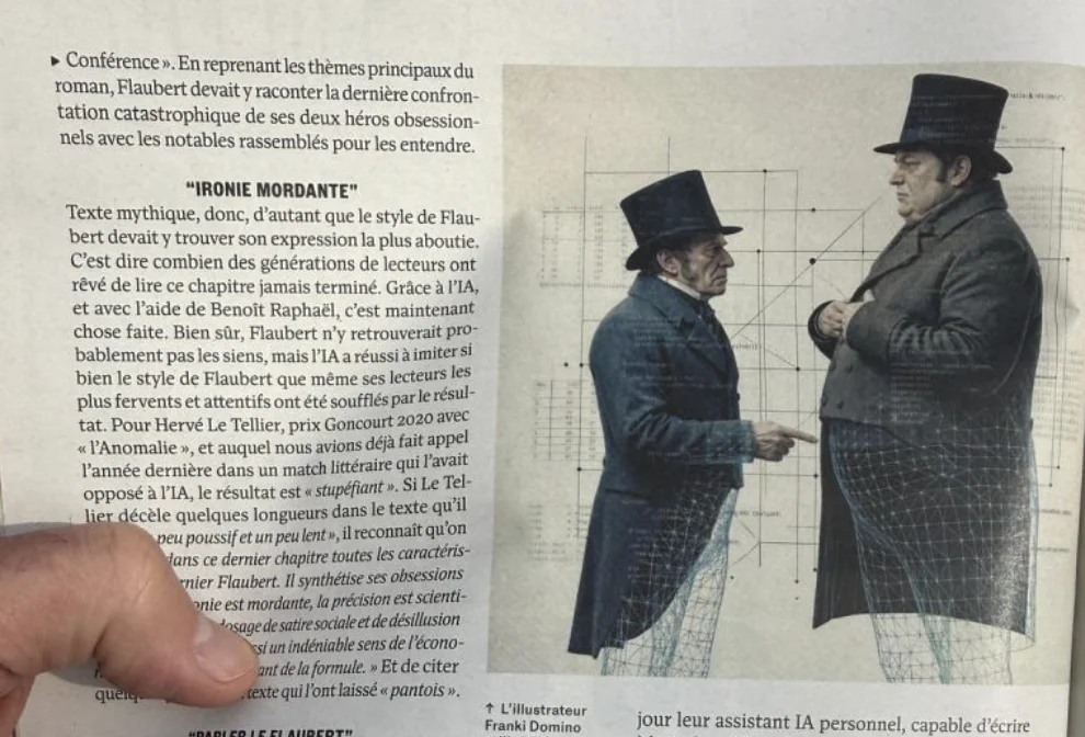 photo d’un article imprimé évoquant Flaubert et l’IA, avec une illustration de deux personnages en redingote se faisant face