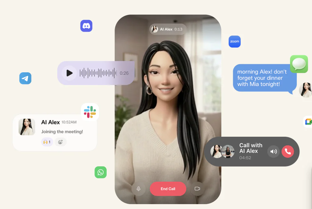 avatar IA en appel entoure de messages et d’apps.
