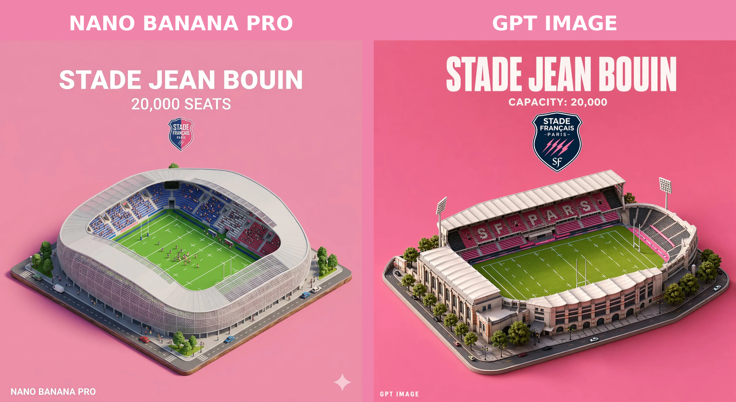 comparatif visuel du stade Jean Bouin genere par deux outils IA.