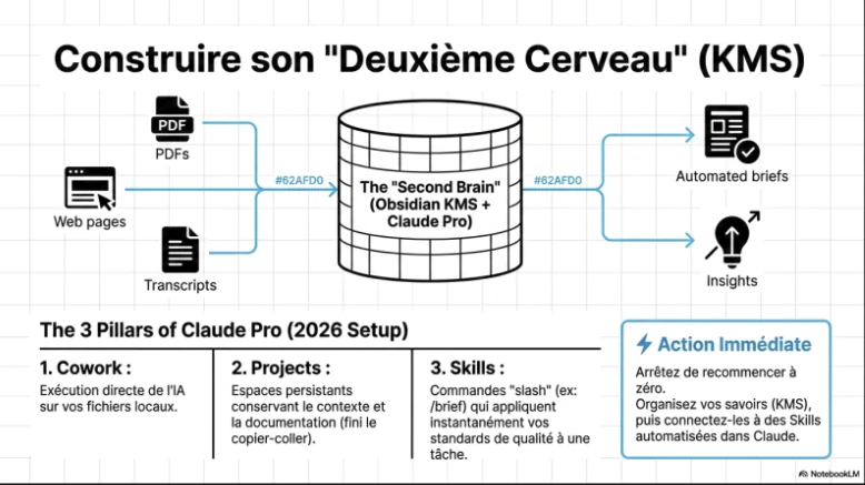 schema expliquant comment construire un deuxieme cerveau KMS avec Claude a partir de pdf, pages web et transcriptions pour generer briefs automatises et insights.