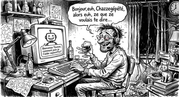 dessin humoristique du mode bourré pour les IA avec un homme parlant a son ordinateur dans un bureau en désordre.