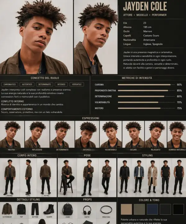 fiche personnage de Jayden Cole avec portraits, poses et style vestimentaire.