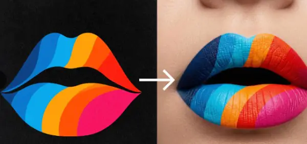 visuel comparant un logo de levres multicolores et son interpretation en maquillage artistique sur de vraies levres.