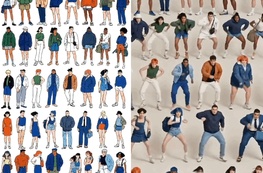 visuel comparant une planche de personnages illustres en style mode sur fond blanc et leur mise en scène en version 3D animée avec Seedance 2.0