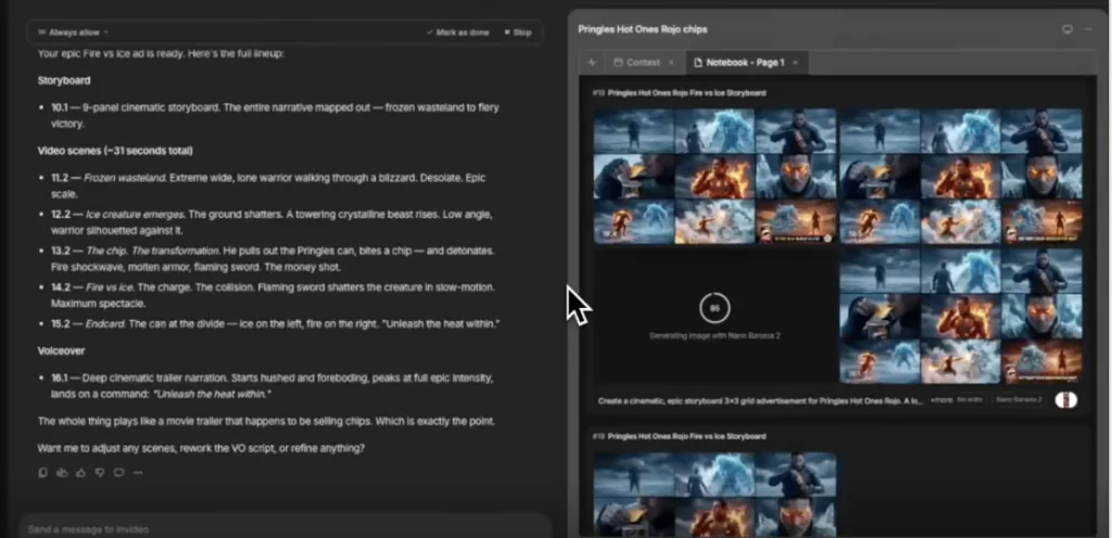 interface de storyboard et de clips video generes par IA.
