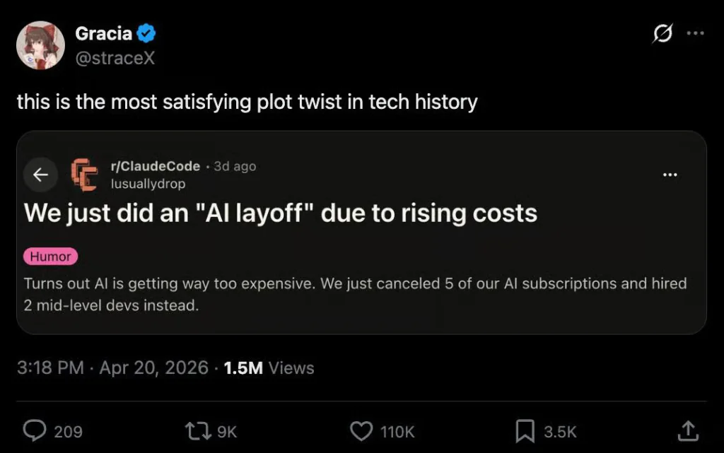 capture d’ecran d’un post ironique sur un licenciement de l’IA pour raisons de coût.