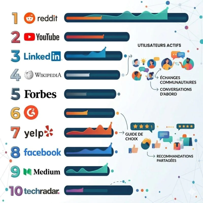 infographie classant les principaux domaines cites par les LLM, avec Reddit, YouTube, LinkedIn et Wikipedia en tete.
