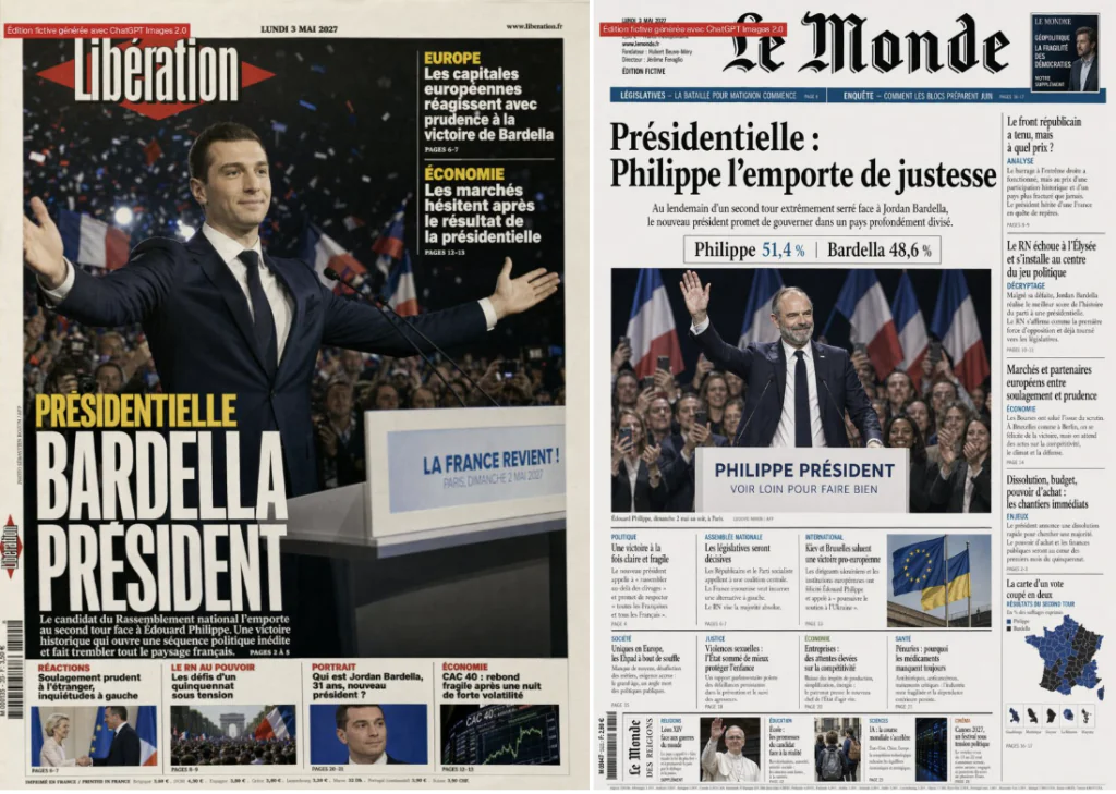 fausses unes de journaux montrant des résultats électoraux opposés.