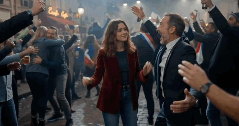 Démonstration de vidéos time-freeze avec Higgsfield pour une scène de célébration dans une rue avec foule.