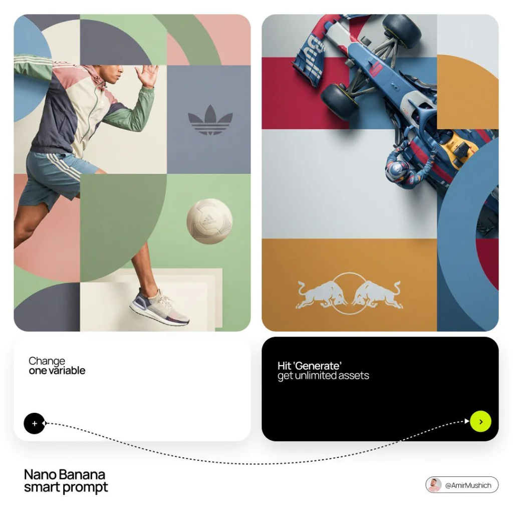 composition visuelle associant un sportif Adidas et une monoplace Red Bull pour illustrer un prompt créatif de génération d’assets.