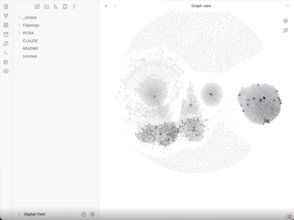 capture d’ecran de la vue graphe d’Obsidian montrant un reseau dense de notes interconnectees dans un espace de travail de gestion des connaissances.