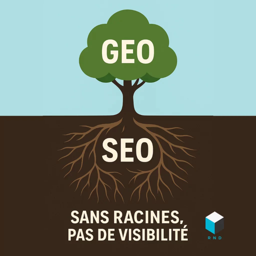 illustration d’un arbre liant SEO, GEO et visibilité.