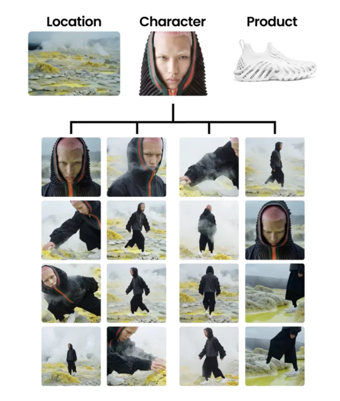 pipeline de génération publicitaire IA à partir d’un lieu, d’un personnage et d’un produit.
