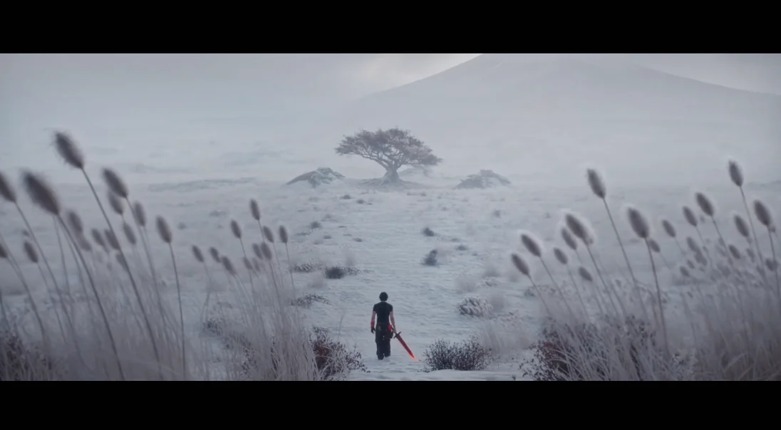 plan d’un film généré par IA montrant un personnage seul dans un paysage enneigé