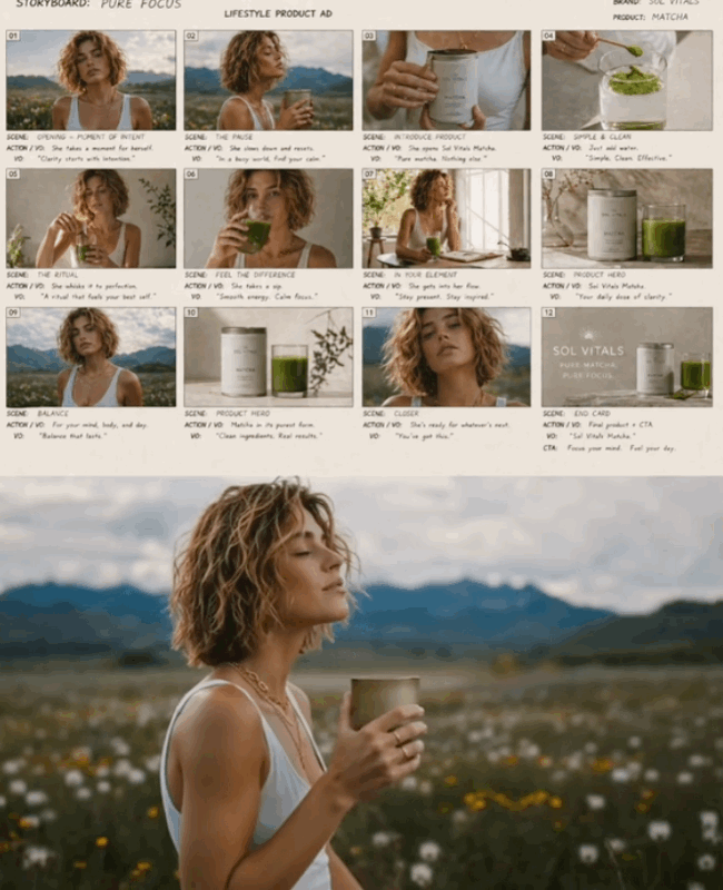 storyboard et visuel final d’une publicité générée par IA.