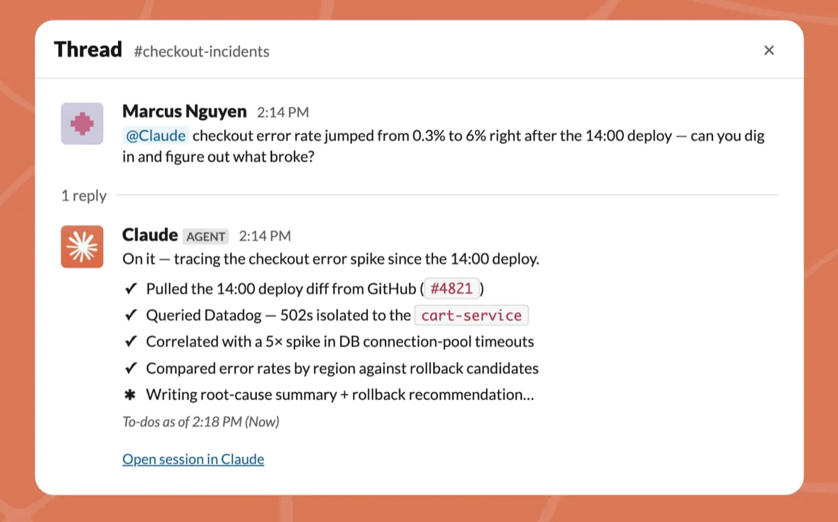 conversation Slack montrant un agent IA Claude analysant un incident technique et proposant des actions en équipe