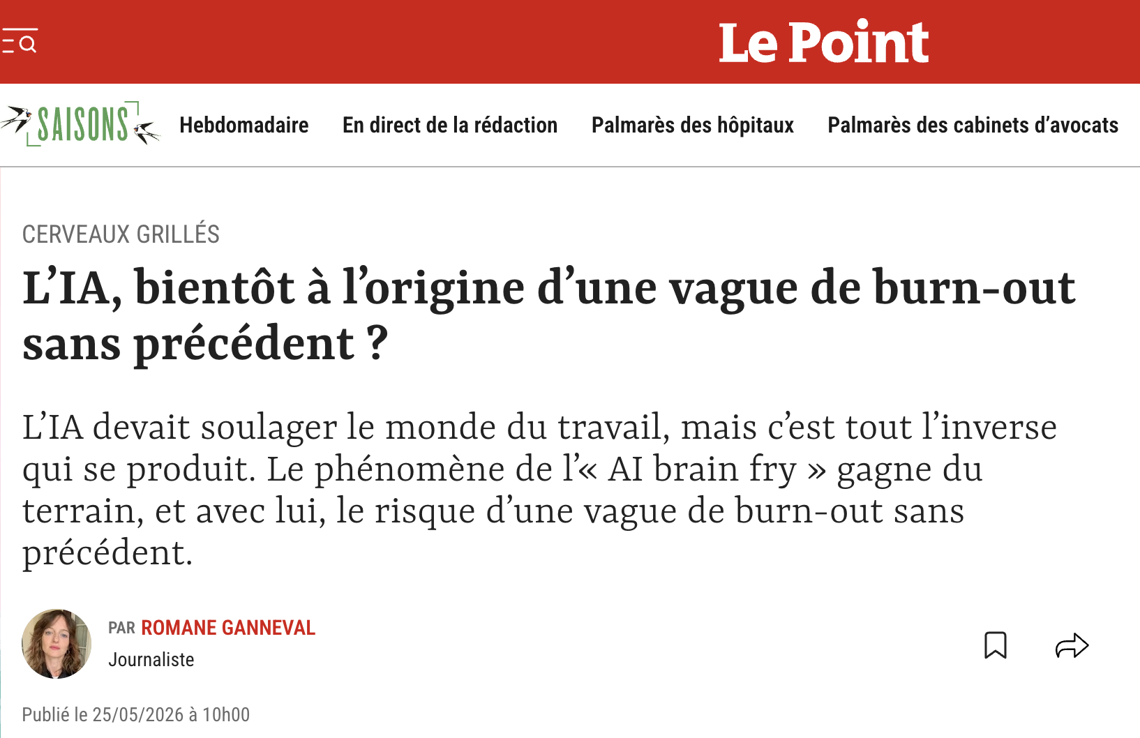 capture d’écran d’un article du Point sur le burn-out lié à l’IA.