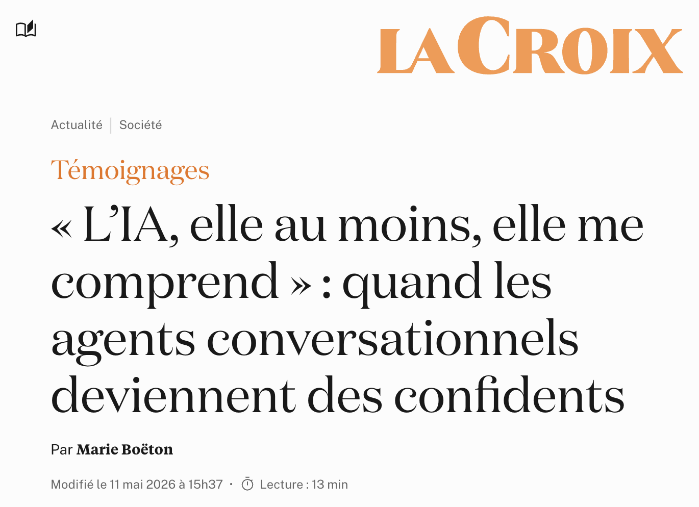 capture d’écran d’un article de La Croix sur les agents conversationnels devenus confidents.