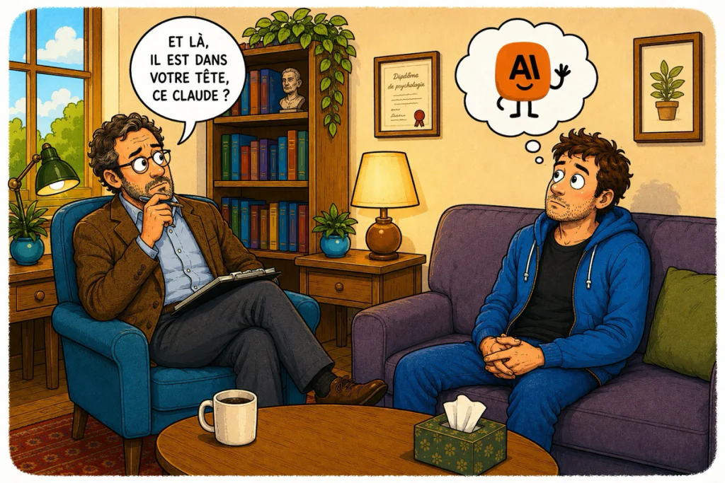 illustration d’un patient en thérapie évoquant l’IA dans sa tête symbolisant la dépendance cognitive aux intelligences artificielles