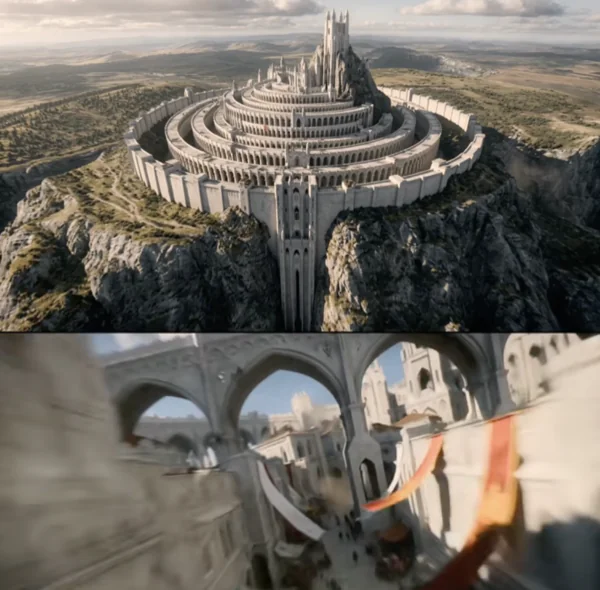 vue aérienne d’une cité circulaire et trajectoire caméra immersive type drone en IA.