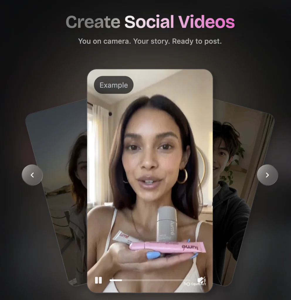 interface de création de vidéos sociales par IA avec une femme présentant un produit face caméra