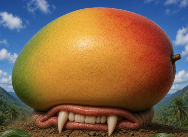 mangue surréaliste avec une bouche et des dents symbolisant le pouvoir des géants tech MANGOS.