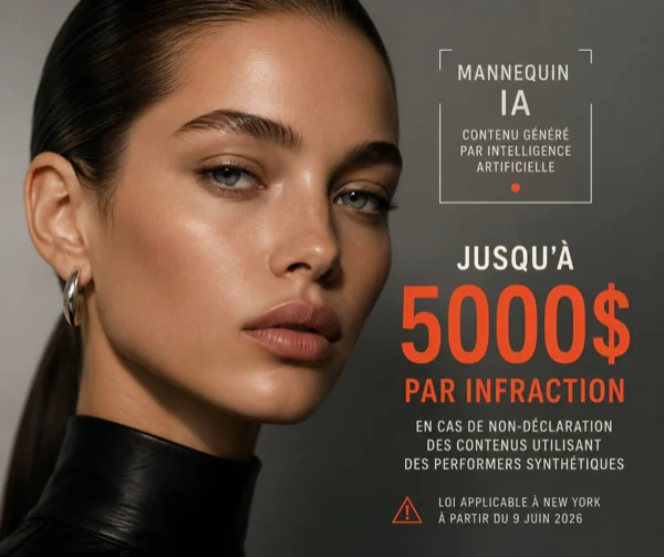 portrait d’un mannequin généré par IA avec mention de contenu synthétique et avertissement légal.