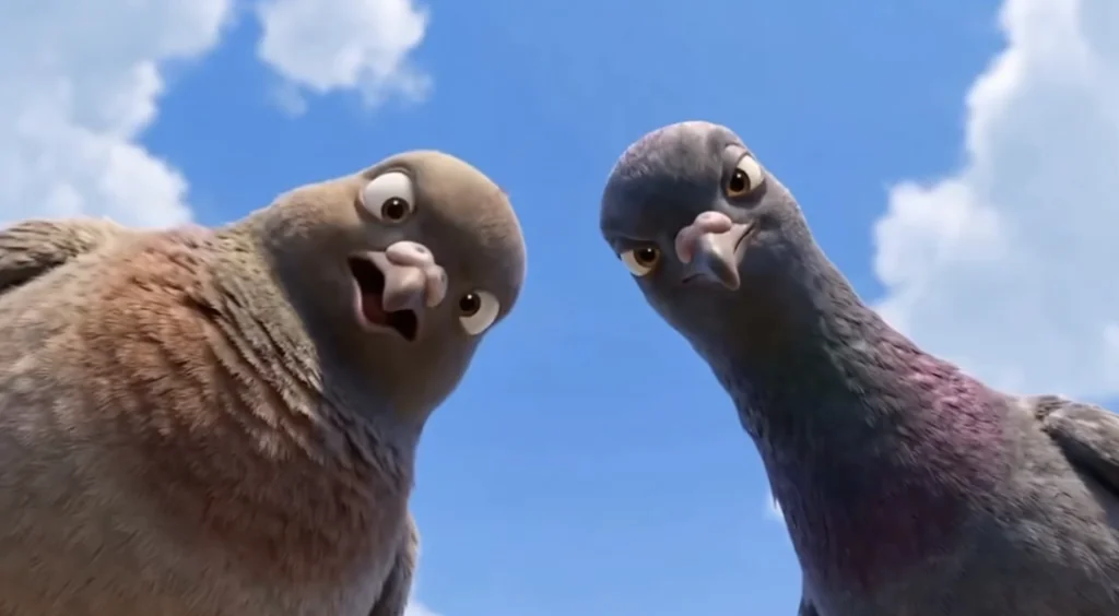 deux pigeons en animation 3D regardent la caméra.