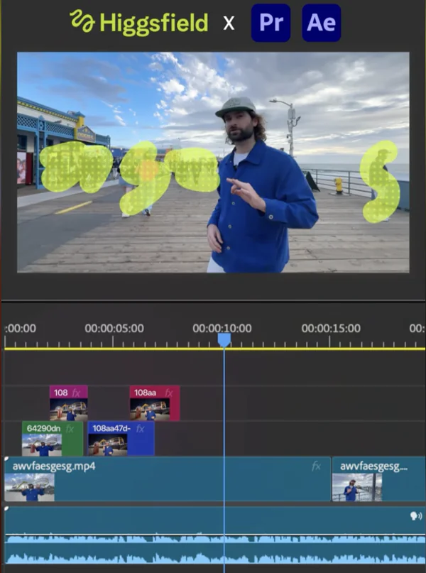 interface Premiere Pro avec plugin IA Higgsfield pour modifier des éléments dans une vidéo.