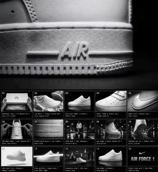 storyboard publicitaire de sneakers généré par IA avec plusieurs plans produits.