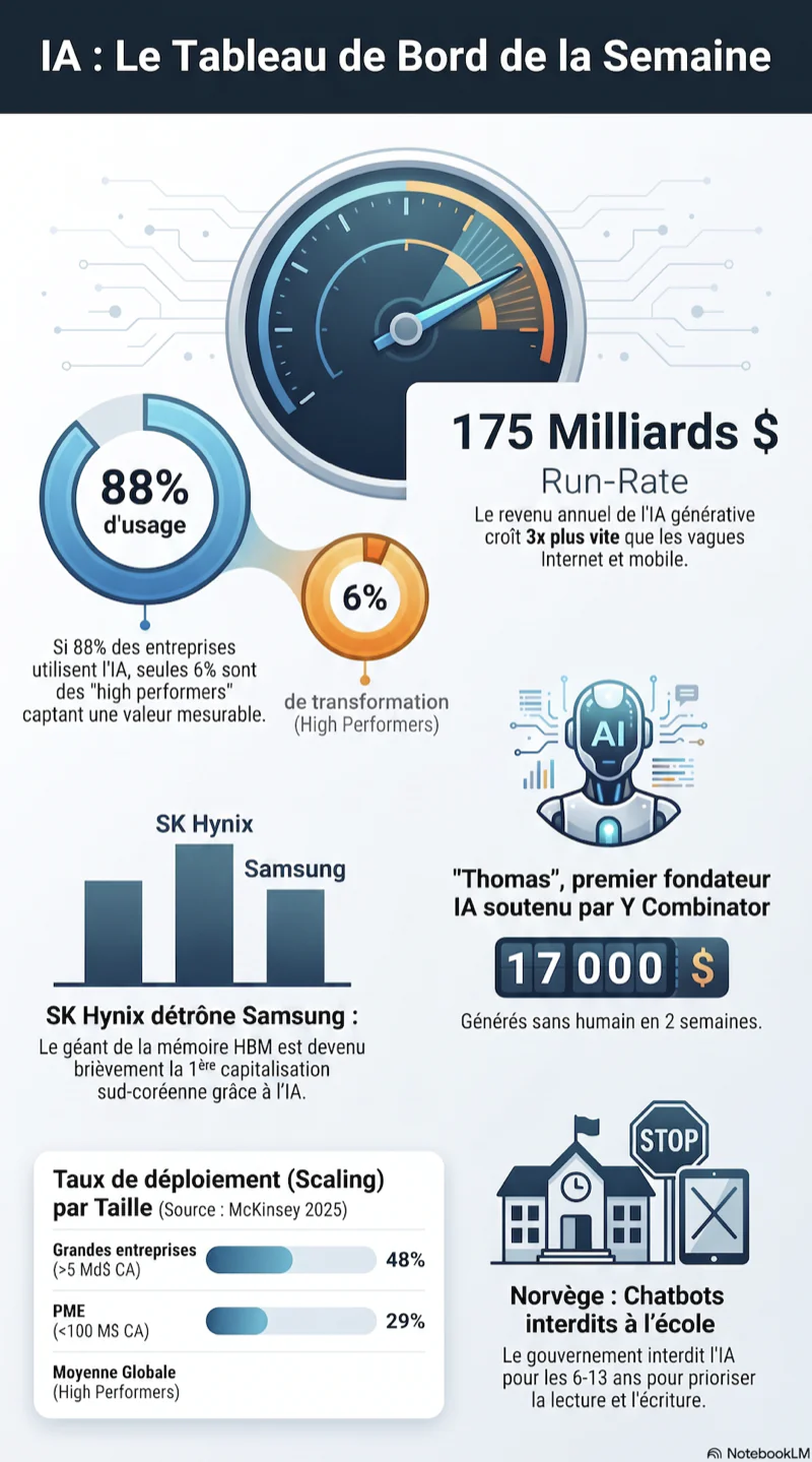 infographie présentant les indicateurs clés du marché de l’IA avec taux d’usage, run rate et transformation des entreprises en 2026