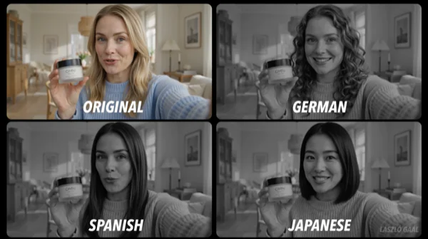 démonstration de traduction audio multilingue par IA avec plusieurs versions d’une même vidéo.