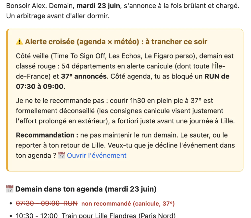 interface d’un agent IA personnel analysant emails et agenda pour recommander une décision en fonction de la météo et des contraintes