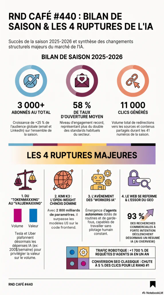 infographie présentant le bilan 2025 2026 de l’intelligence artificielle avec les principales ruptures du marché et indicateurs de performance