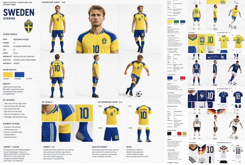 planche de personnage de joueur de football en maillot de l’équipe de Suède montrant différentes poses et variations générées par IA