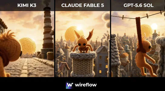 comparaison visuelle de trois modèles IA générant une scène animée avec styles créatifs différents entre Kimi K3 Claude Fable 5 et GPT 5.6 Sol