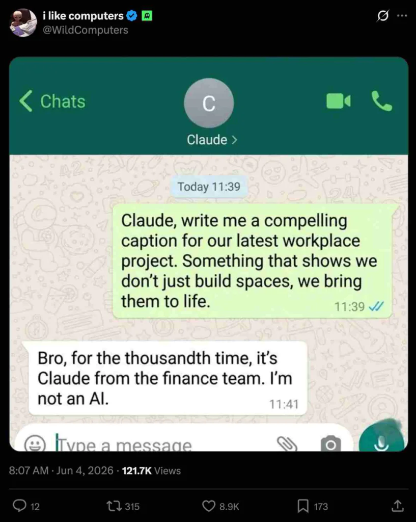 capture d’écran humoristique d’une conversation où une personne confond une IA nommée Claude avec un collègue humain du service finance