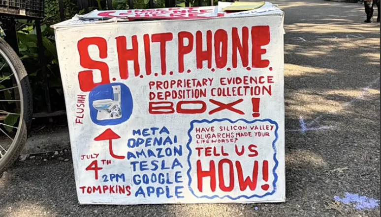 panneau humoristique anti technologie appelant à se débarrasser des smartphones illustrant un retour aux expériences analogiques