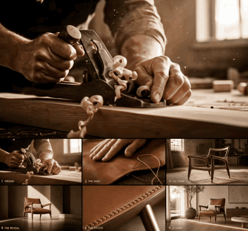 planche de scènes montrant un artisan travaillant le bois et un mobilier final dans un workflow de production vidéo généré par IA