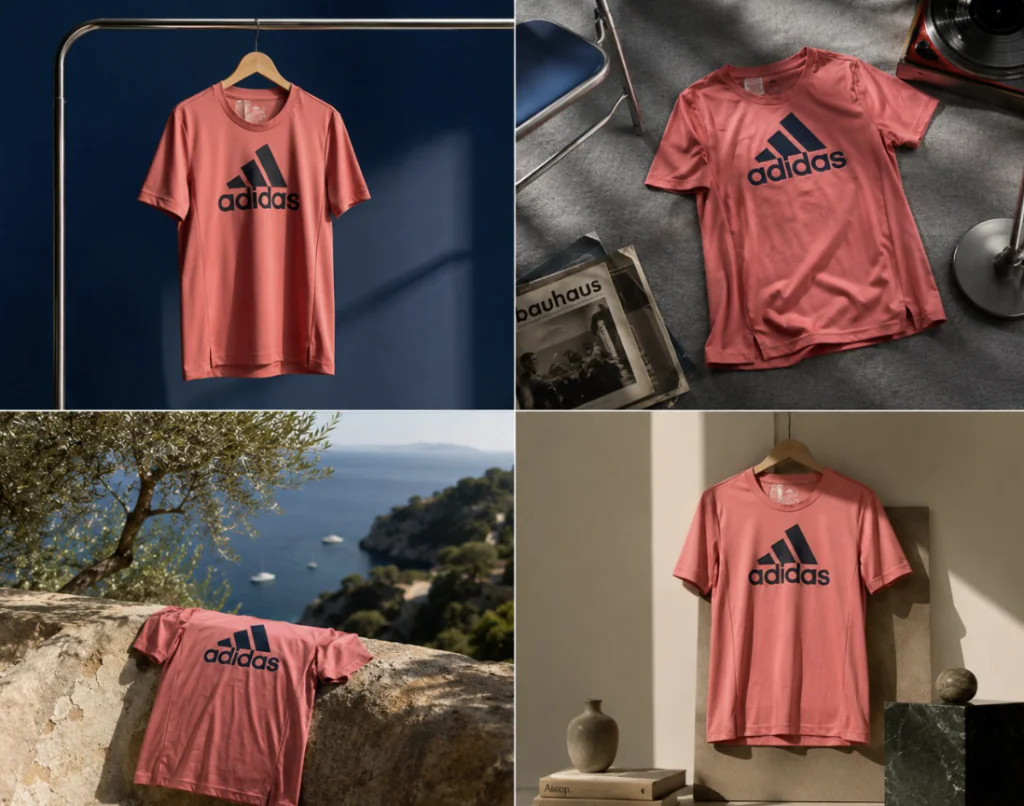 comparaison de photos de t-shirt entre image réelle et visuels générés par IA pour un usage e-commerce