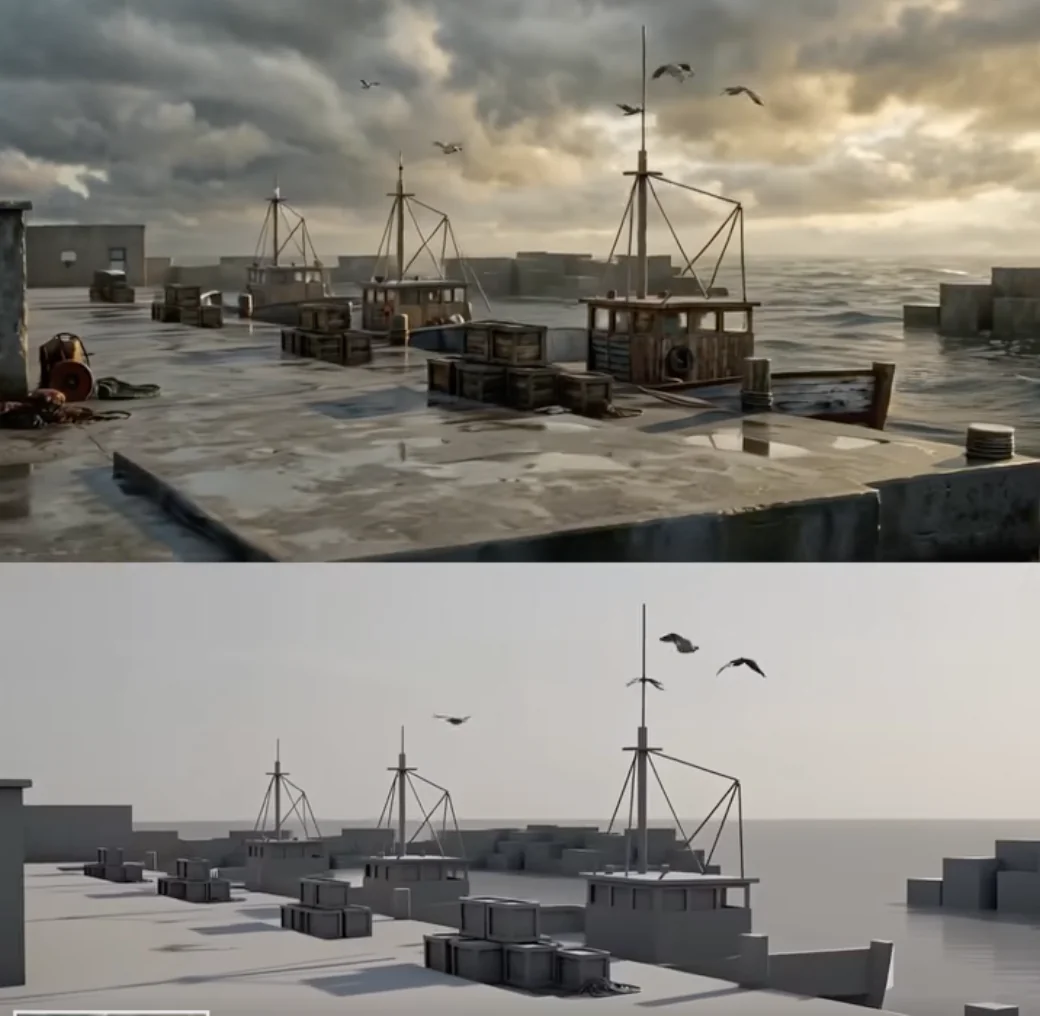scène de port avec bateaux et oiseaux rendue en style photoréaliste par intelligence artificielle à partir d’une maquette 3D