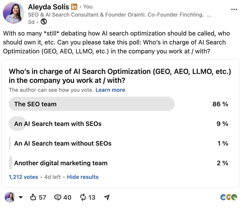 capture d’un sondage LinkedIn montrant que les équipes SEO pilotent majoritairement l’optimisation pour les moteurs de recherche IA